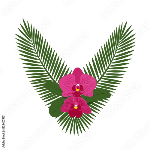 Tropical orchid flowers and palm leaves in V composition