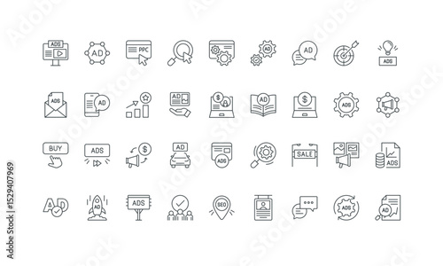 Pay per click, promo news in blog, billboard and poster thin black outline symbols vector illustration. Ads, advertising campaign of brand and digital marketing agency, sponsors line icon set.