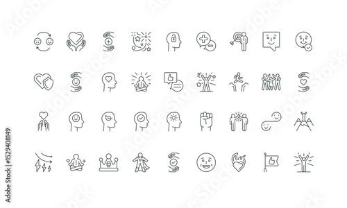 Strength of superhero, harmony and love thoughts, celebration thin black outline symbols vector illustration. Positive thinking and attitude, good mood and smile for better life line icon set.