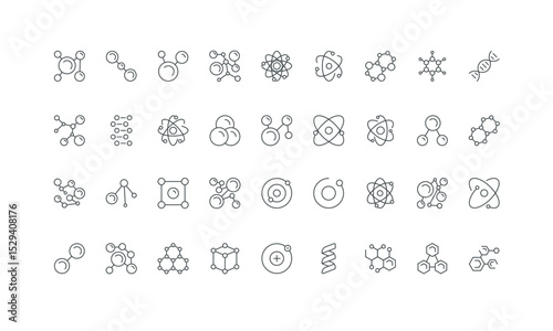 Particle models for medical and chemistry, biotech research thin black symbols vector illustration. Molecular structure, cell and network of chemical compound, molecule and atom line icon set.