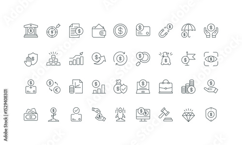 Financial investment, capital protection, auction, accounting thin black outline symbols vector illustration. Finance, bank payment and economic growth, currency exchange, fund line icon set.