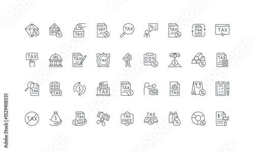 Taxation deduction and penalties, burden of taxpayer, thin black outline symbols vector illustration. Tax calculator, accounting and VAT payment, rules control and free zone line icon set.