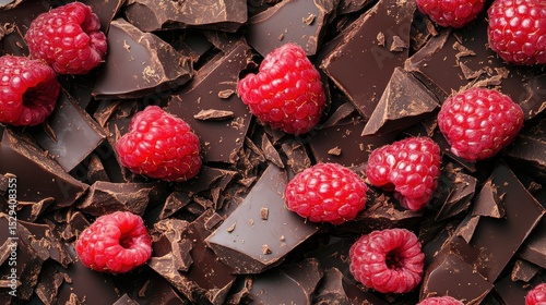 Fresh raspberries are scattered on top of broken pieces of dark chocolate, creating a tempting treat for chocolate lovers
