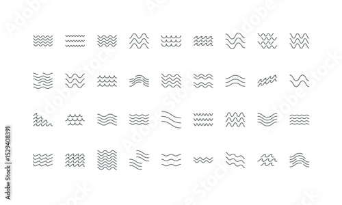 Wave pattern, geometric tiles, curvy lines of water stream, ocean and sea surf icon set. River frames of different forms, flowing curves texture thin black outline symbols vector illustration