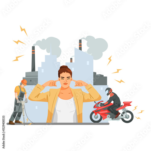 Woman covering ears due to noise pollution from factory, jackhammer, and motorcycle on white background. Concept of urban noise pollution. Vector illustration