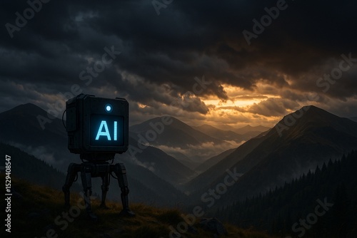 An AI-powered station with cables and a glowing sign stands in a remote mountain valley at sunset, blending advanced technology with wild nature.