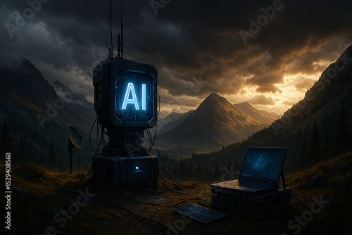 An AI-powered station with cables and a glowing sign stands in a remote mountain valley at sunset, blending advanced technology with wild nature.
