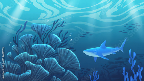 Illustrated underwater scene featuring a swimming blue shark and coral reef illustration
