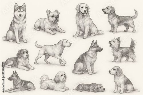 An isolated group of cute domestic purebred dogs and puppies on a white background