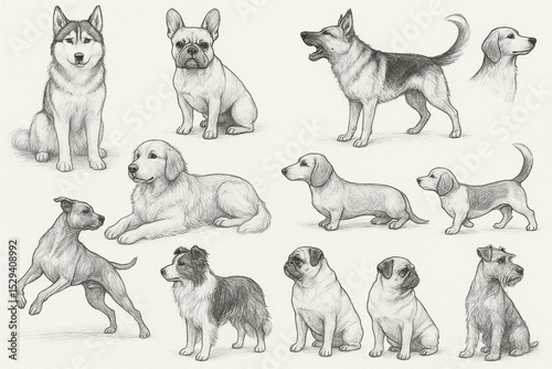 An isolated group of cute domestic purebred dogs and puppies on a white background