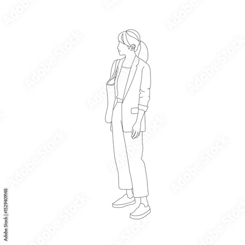 説明を聞いている女性1ビジネススーツを着た女性が立って説明を聞いている線画イラスト