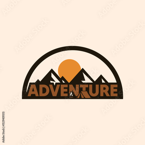 Bold and clean logo featuring the word ADVENTURE combined with minimalist silhouette of mountains, a camping tent, and a campfire in half-circled frame suit for outdoor brands and travel gear