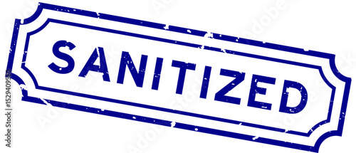 Grunge blue sanitized word rubber seal stamp on white background
