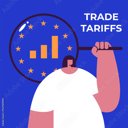 EU tariffs and trade war between customs tariffs and the United States as an economic dispute. Girl and European flag. Flat vector illustration.