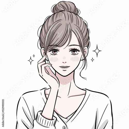Chic Anime-Style Girl with Messy Bun and Cozy Cardigan