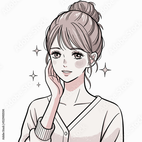 Chic Anime-Style Girl with Messy Bun and Cozy Cardigan