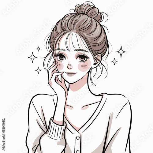 Chic Anime-Style Girl with Messy Bun and Cozy Cardigan