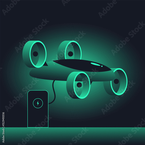 Electric drone on charging station. Taxi quadcopter with green glow on dark background. Flying electric car concept. Flat vector illustration