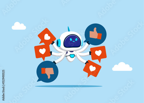 Six hands. SoThe robot has Social media positive and negative feedback vision in his six hands. cial media communication. Flat vector illustration.