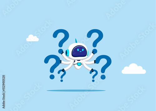 Six hands. The robot has question marks in his six hands. Thinking of who what where when why and how. Girl asking questions for solution to solve problem, business analysis to new idea. 