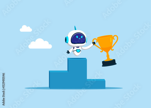Winner, success. Robot standing on the winner's podium, holding a trophy. Victory with winning businessman. Giving success in technology. Flat vector illustration