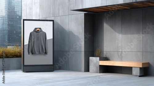 A mockup of an advertisement display with a hoodie hanging on it, sitting next to a bench and a digital billboard outside a grey concrete building with a city background. 