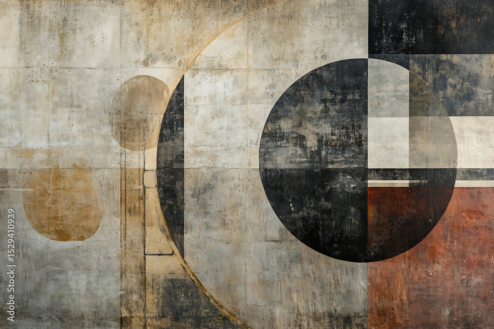Obraz premium Abstract geometric art piece displaying textured circles and squares with neutral earth tones