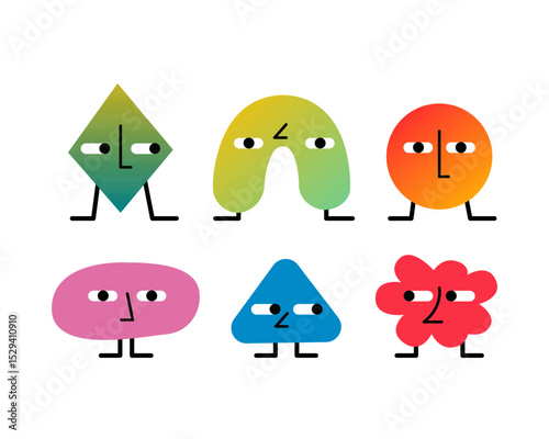 Set of cartoon characters in different geometric shapes. Emotions of fantasy creatures. Flat isolated vector illustrations on white background.