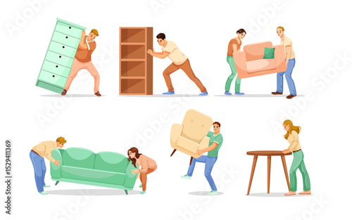Group of men and women carrying different furniture items in cartoon style on white background. Concept of teamwork and moving. Vector illustration