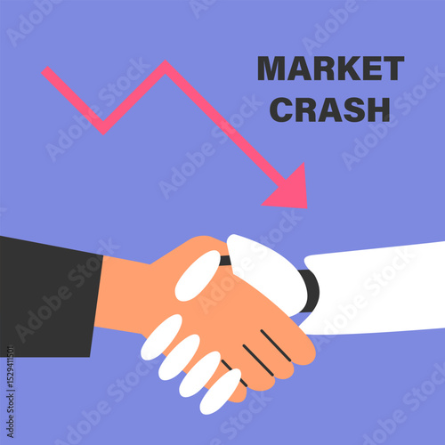 Market crash and handshake of human and ai robot. Trade war. Tariff war concept. Economic crisis. Flat vector illustration.