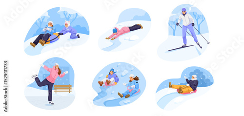Set of people doing winter activities like sledding, skiing, skating in snowy landscapes, cartoon style on white background. Concept of winter fun. Vector illustration