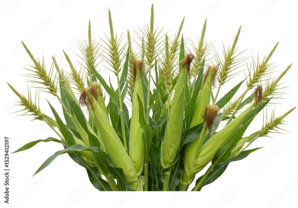 Obraz premium Lush green cornfield with ripe ears of corn under a bright blue sky