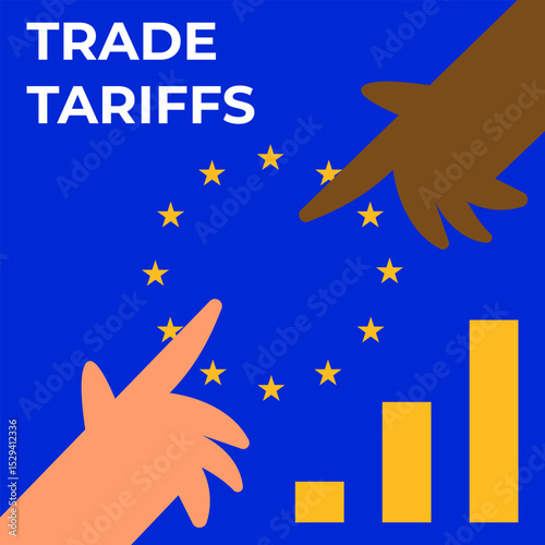 EU tariffs and trade war between customs tariffs and the United States as an economic dispute. European flag and different people hands. Flat vector illustration.