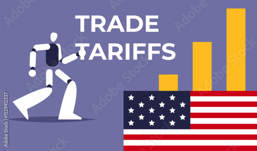 EU tariffs and trade war between customs tariffs and the United States as an economic dispute. Ai Robot and economic graph. Flat vector illustration.