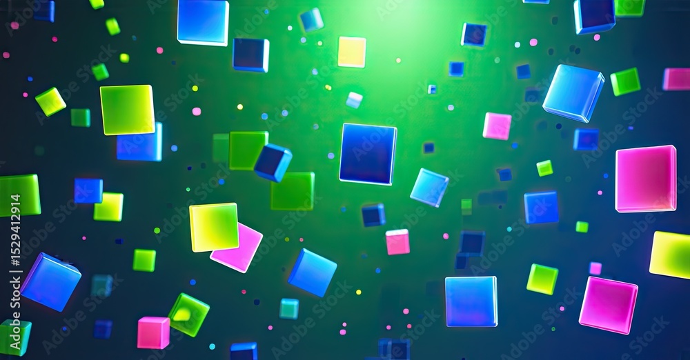 Vibrant cubes float within green space. Colors include blue, pink, yellow, creating dynamic visual effect. Brightness varies across composition.