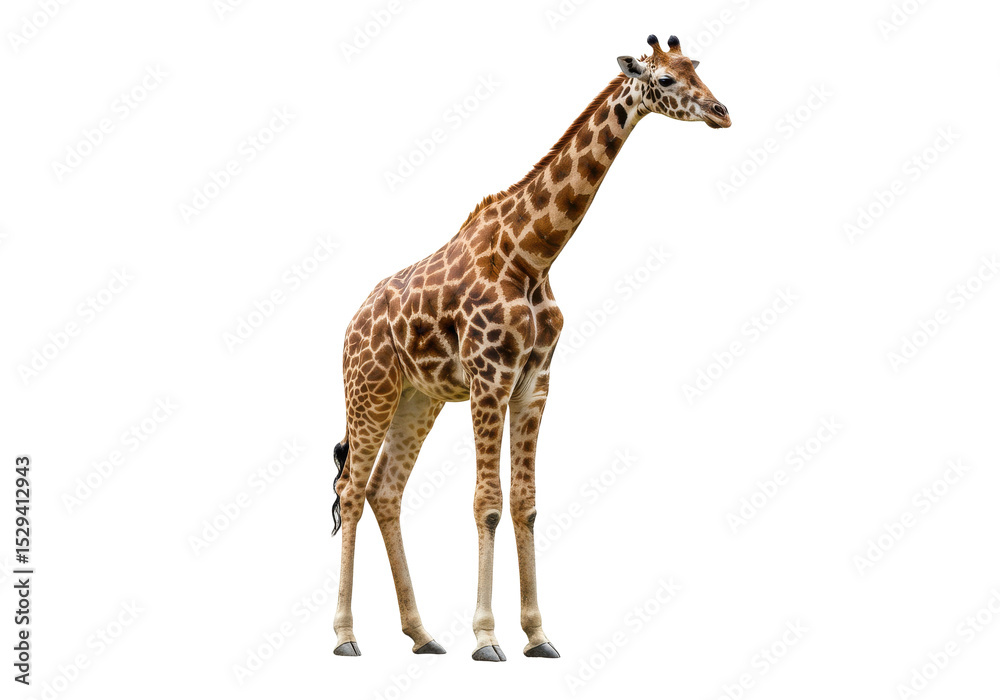 Naklejka premium A tall giraffe standing gracefully in a serene landscape with lush greenery