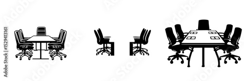 Black icons of two different types of conference room tables with chairs arranged for meetings and discussions