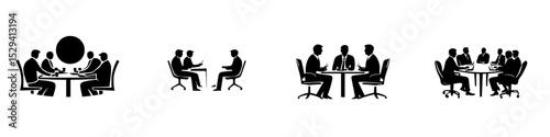 Discussion among business professionals at a round table focusing on collaboration and strategic planning