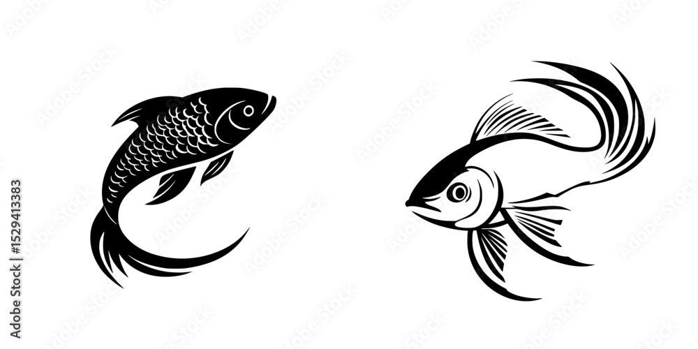 Fototapeta premium Two detailed black icons of fish in artistic style representing aquatic life and creativity