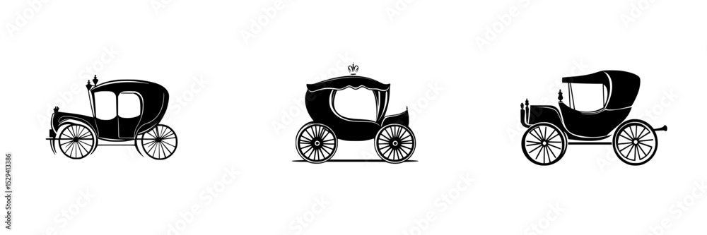 Fototapeta premium Set of black icon horse-drawn carriages showcasing different styles in a minimalist design