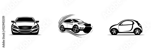 Set of black car icons representing different styles and designs for automotive illustrations
