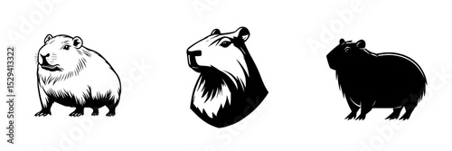 Set of black icon designs depicting various styles of the capybara in an artistic and minimalist manner