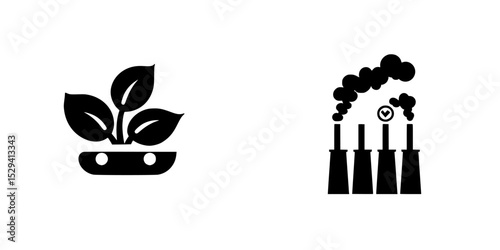 Icons representing nature and industrial pollution contrasting the relationship between environment and development