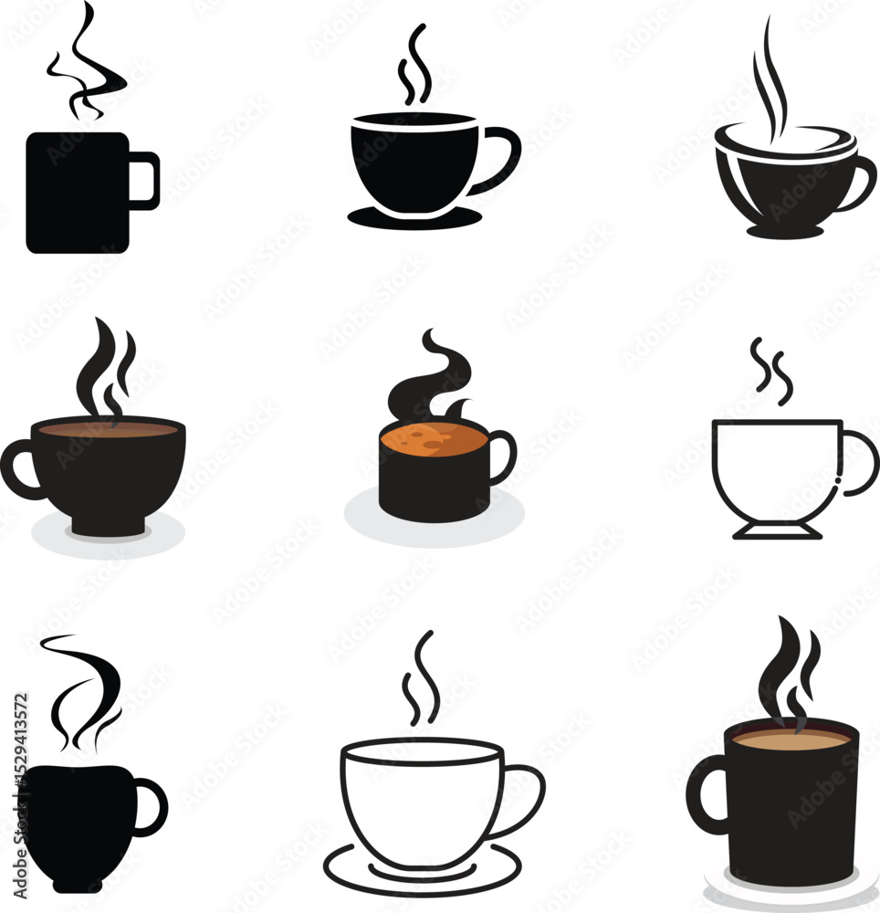 Obraz premium Vector Coffee Mug Clipart Set – Modern Black & White Style