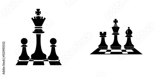 Black chess icon design with king, rook, bishop, and pawns on a checkerboard background