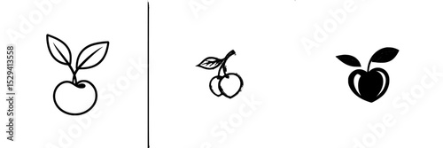 Set of black icons representing fruit varieties with leaves in a minimalist design