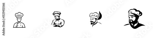 Diverse black icon set featuring chefs in various poses and styles representing culinary expertise and professionalism
