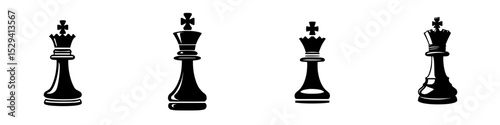 Set of black king chess pieces in various poses on a simple white background representing strategic gameplay and competition