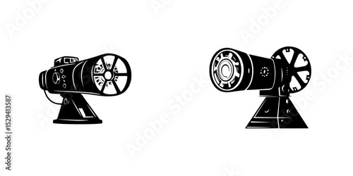 Black icon set featuring two vintage movie projectors showcasing classic filmmaking tools