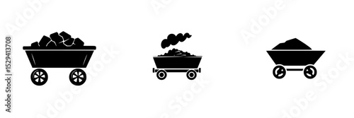 Black icons of mining carts loaded with coal and rocks on a white background